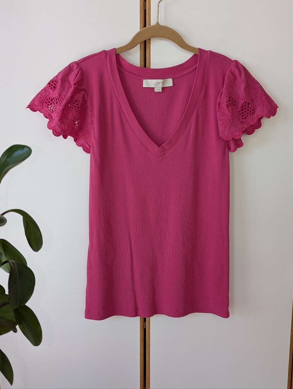 NWOT Loft Pink Ruffle Lace Embroidered Short Sleeve Top S
